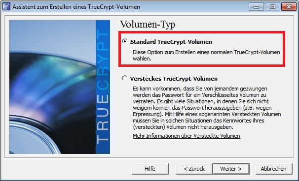 Standard-TrueCrypt Volumen auswaehlen